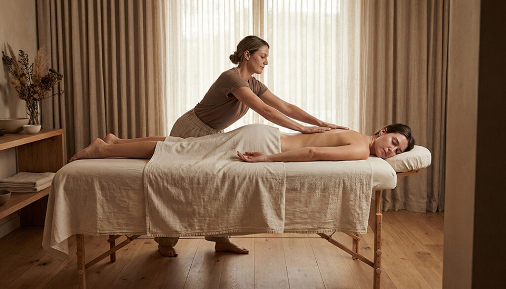 Masażystka wykonuje masaż regeneracyjny w jasnym gabinecie MOA Wadowice. Uważny dotyk i ulga w bólu pleców.