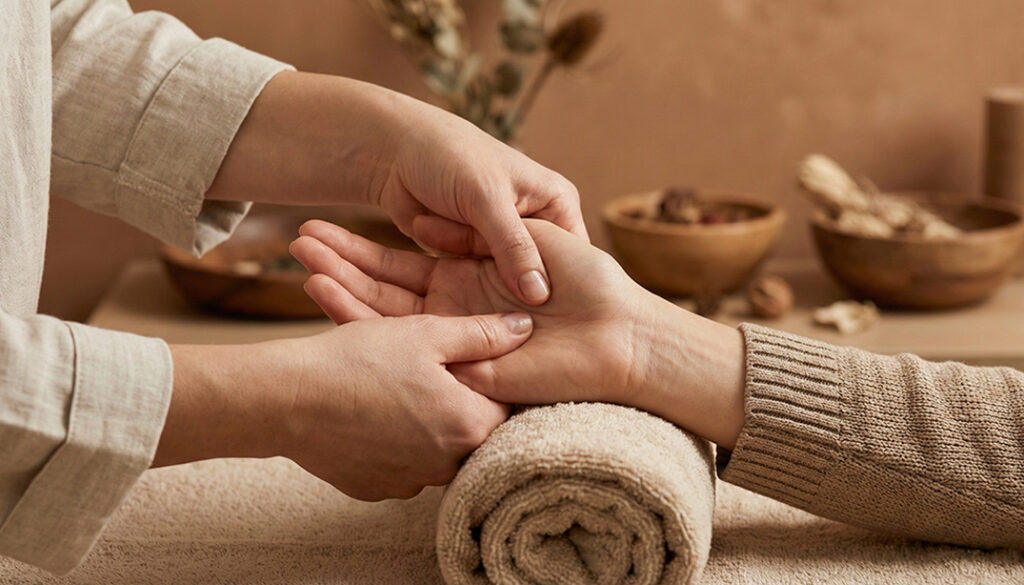 Masaż dłoni w MOA Wadowice. Uważny dotyk wspierający regenerację i redukcję napięć w dłoniach.