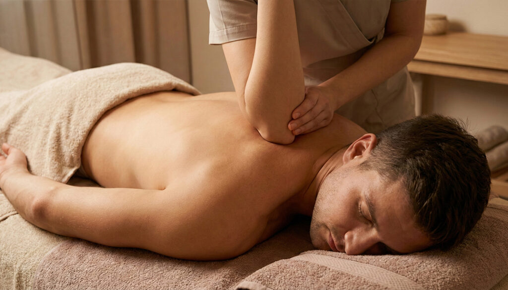 Masaż głęboki pleców w salonie MOA Andrychów. Specjalistyczna technika przynosząca ulgę w bólu i napięciu.