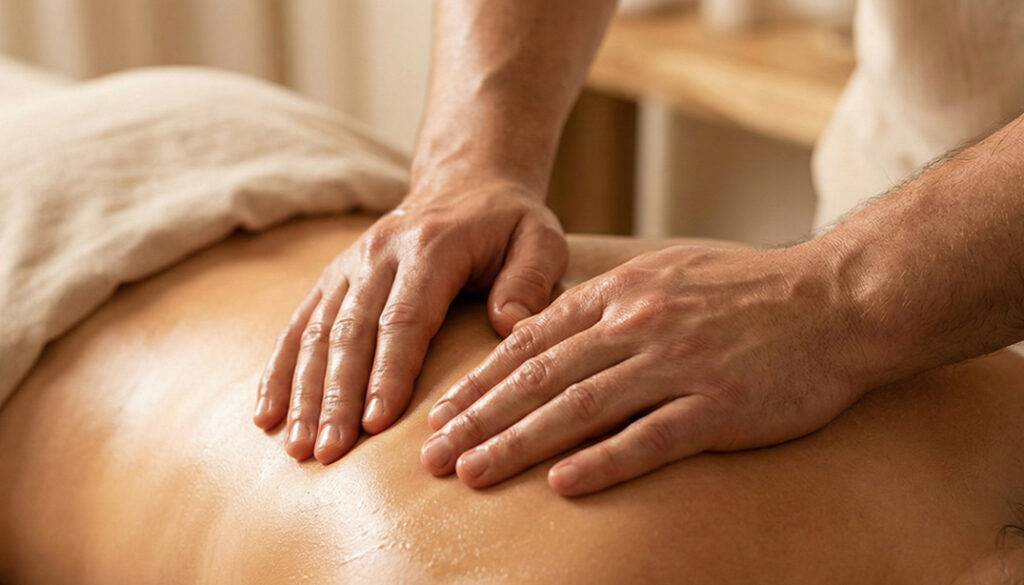 Masaż głęboki pleców w salonie MOA Wadowice – niwelowanie bólu i sztywności mięśni.