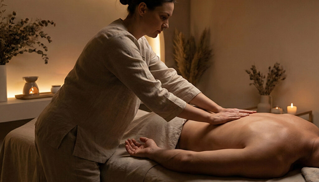 Masaż pleców w MOA Andrychów. Uważny dotyk pomagający na ból pleców i sztywność karku.