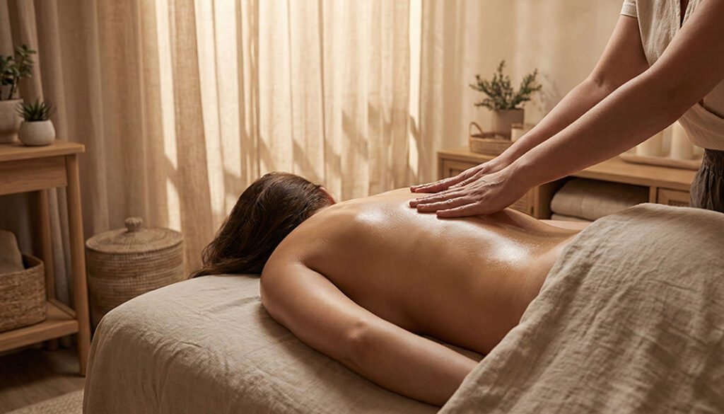 Masaż regeneracyjny pleców w salonie MOA Andrychów – profesjonalna sesja terapeutyczna w relaksującej atmosferze.