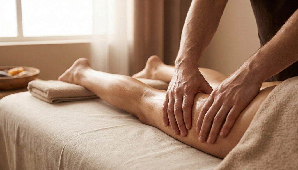 Masaż regeneracyjny w MOA Andrychów. Specjalistyczna praca łokciem uśmierzająca ból i napięcie mięśniowe.