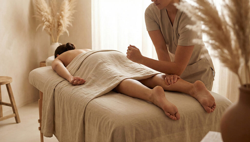 Masaż regeneracyjny nóg w salonie MOA Andrychów – profesjonalna ulga w bólu i napięciu mięśni.