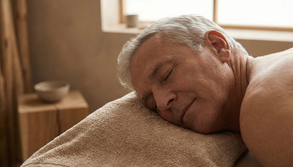 Dojrzały mężczyzna podczas masażu regeneracyjnego w MOA Wadowice. Uważny dotyk przynoszący ulgę w bólu pleców.