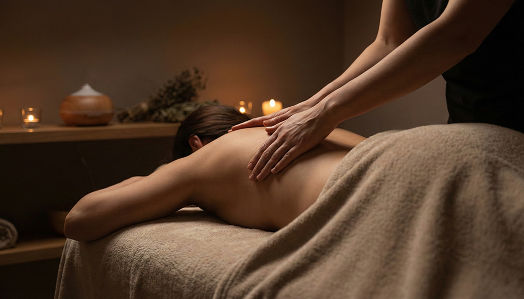 Masaż relaksacyjny pleców w MOA Andrychów. Uważny dotyk i aromaterapia przynoszące ulgę w bólu i odprężenie.