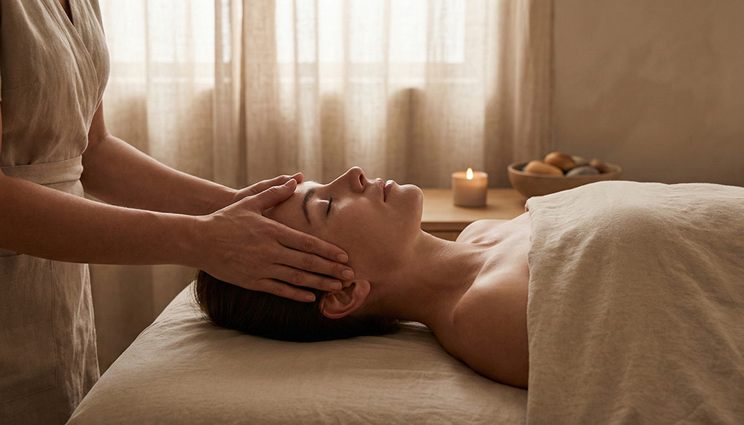 Masaż relaksacyjny twarzy w MOA Wadowice. Uważny dotyk niwelujący napięcia i stres w kojącej atmosferze.
