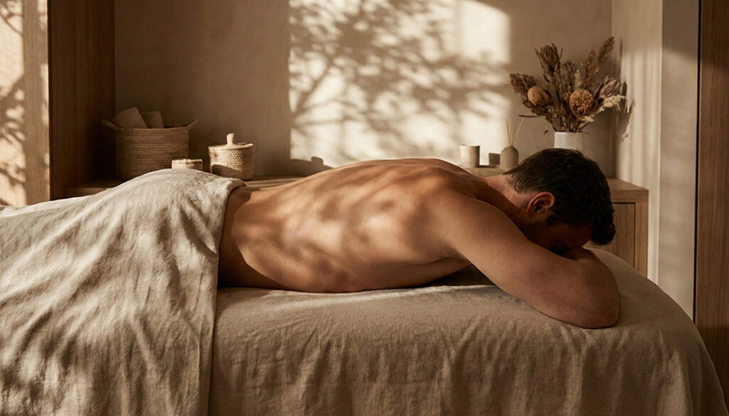 Masaż regeneracyjny dla mężczyzn w MOA Wadowice. Uważny dotyk pomagający na ból pleców i napięcia.