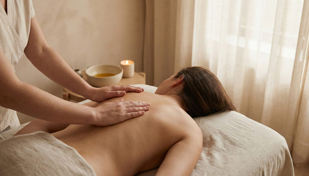 Masaż regeneracyjny pleców w MOA Wadowice. Uważny dotyk pomagający na ból pleców i codzienne napięcia.