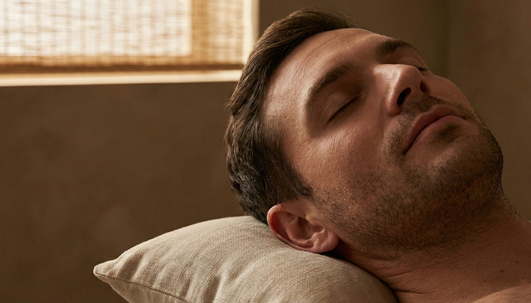 Zrelaksowany mężczyzna po masażu w MOA Wadowice. Głębokie odprężenie i skuteczna ulga w bólu.