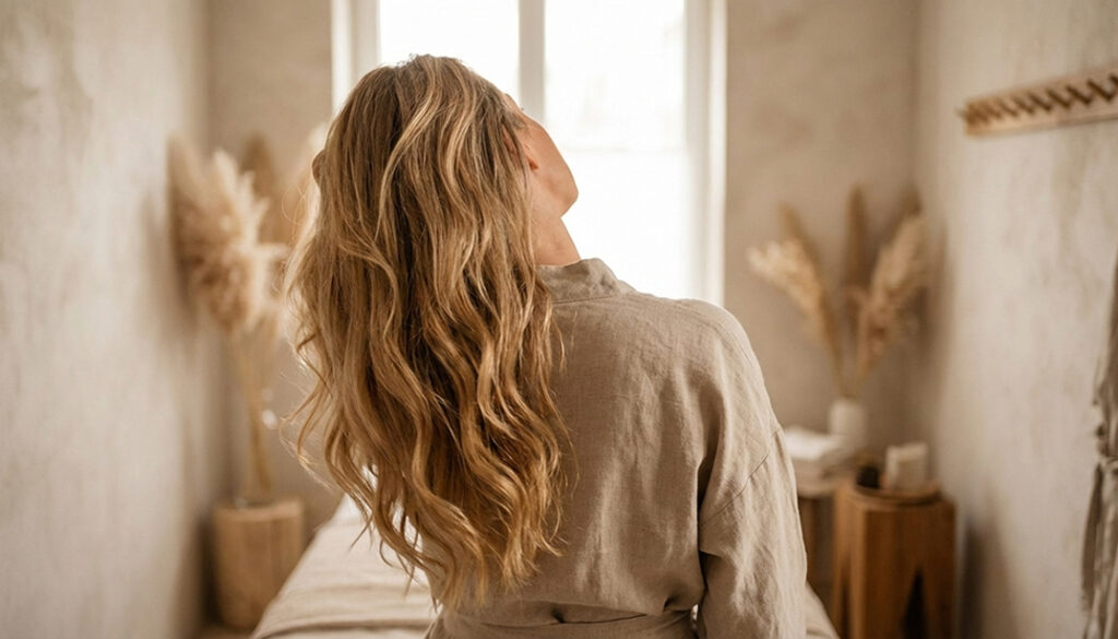 Kobieta po masażu regeneracyjnym w MOA Andrychów. Chwila spokoju, która niweluje sztywność karku i ból pleców.